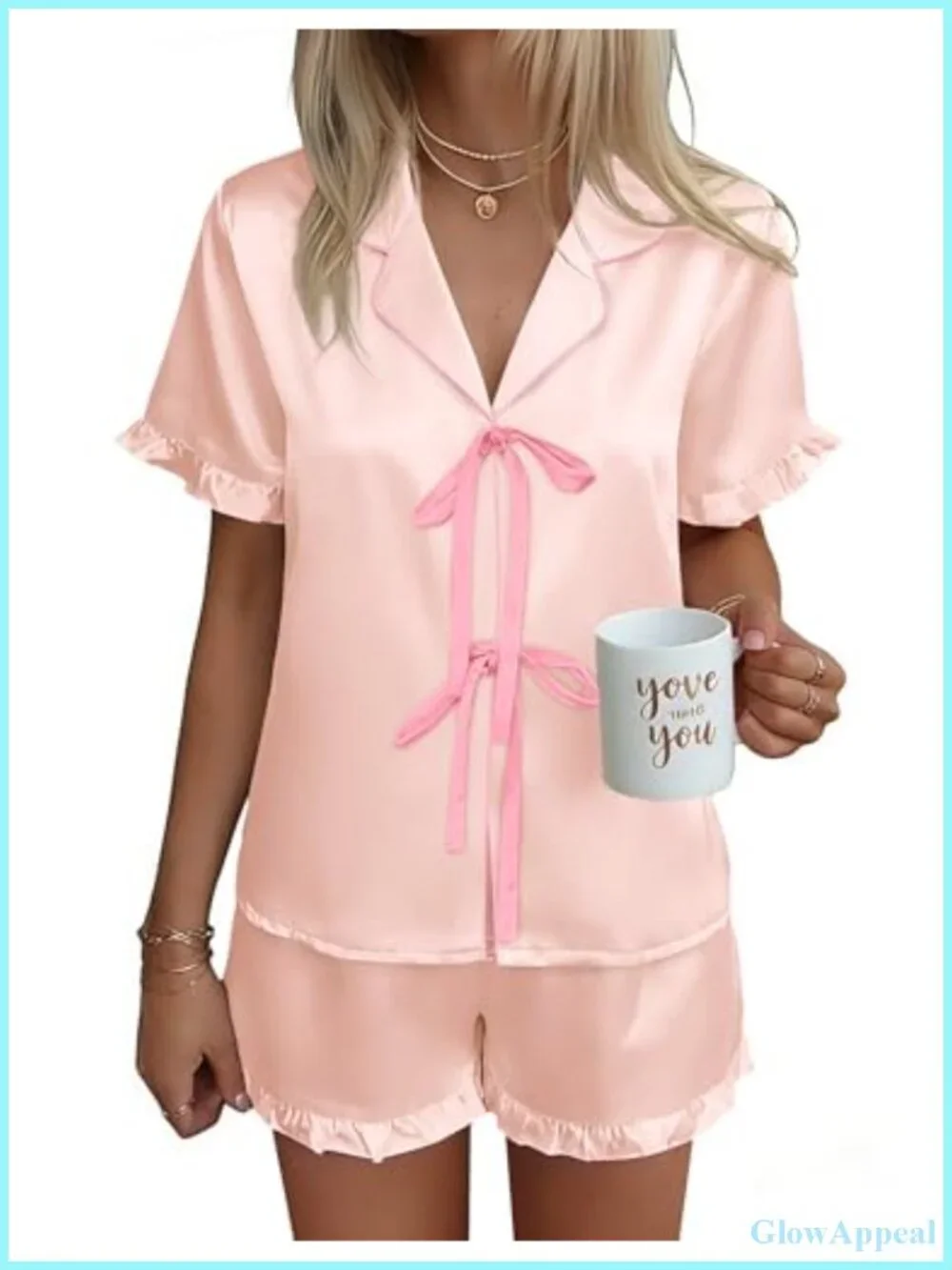 Women's Satin Pajama Sets Short Sleeve Silky Lounge Shorts Set Bow Tie